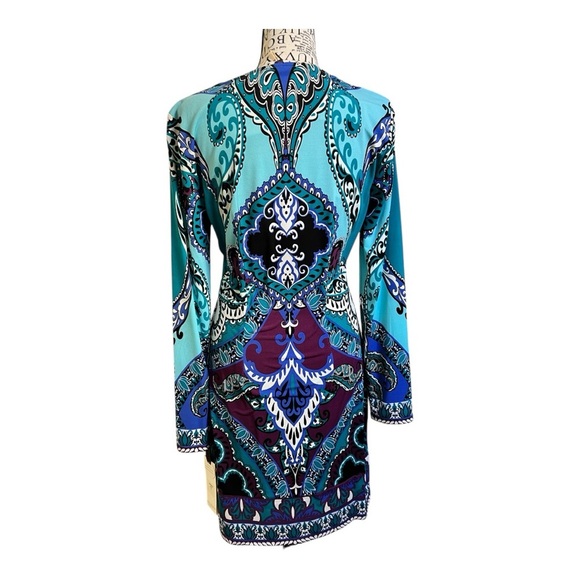 Hale Bob S Jersey Dress Faux Leather V Neck Purple Blue Turquoise NWT - Picture 3 of 16